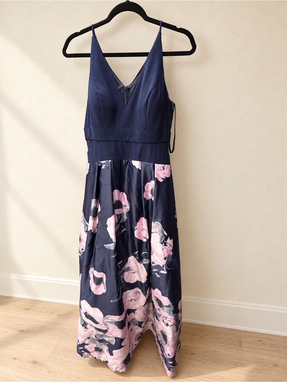 Xscape Size 16 Navy Pink Floral Satin Ball Gown Formal Maxi Dress